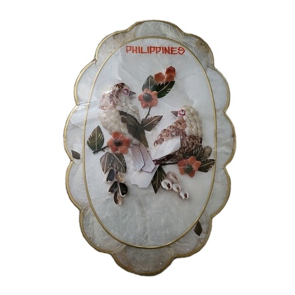 2 Vintage Capiz Shell Scalloped Seashell Art Birds Floral Phillipines Sealed GUC - Picture 9 of 11